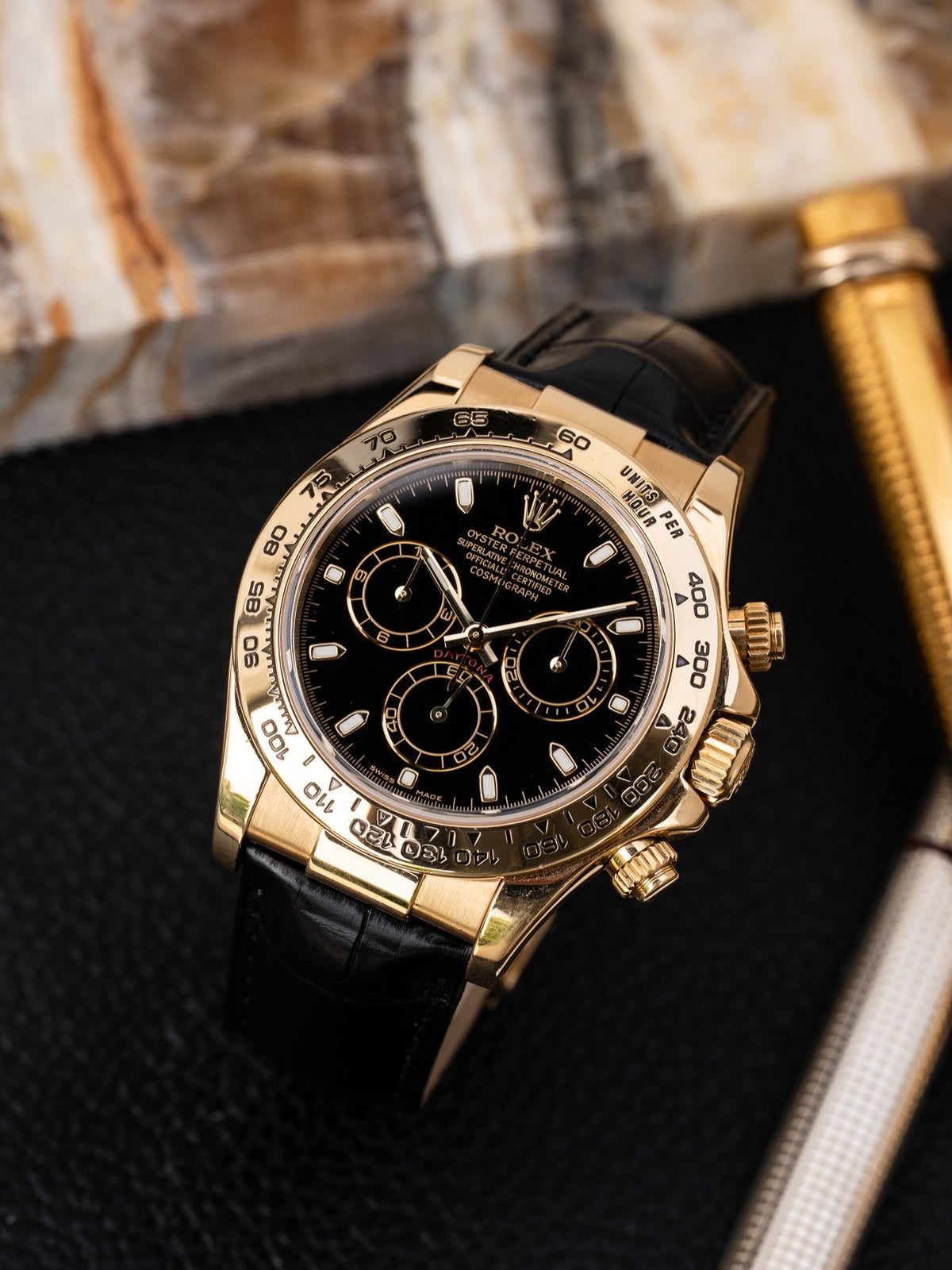 Rolex Cosmograph Daytona 18k Yellow Gold — Black Dial on Leather Strap